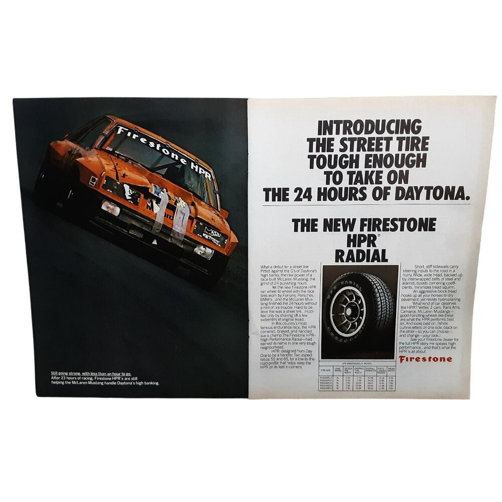 Vintage Firestone HPR Tire Ad Daytona 24 Hours Racing Mustang Print 1980s